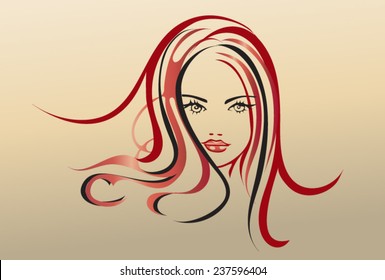 Beautiful woman with big eyes and full lips with thick hair red streaks on beige background