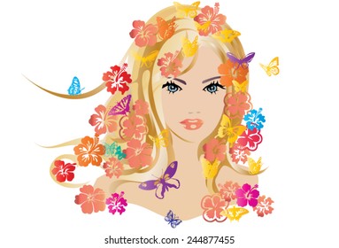 Beautiful woman with big eyes and full lips, with thick blond hair weave woven into hair, flowers, butterflies and various fresh colors
