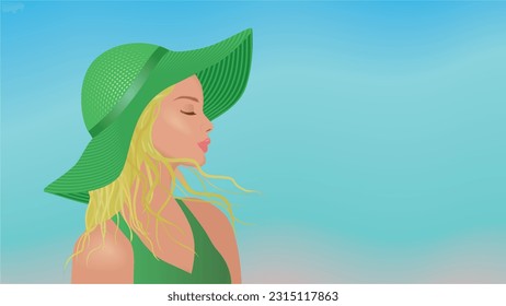 Beautiful woman in big green hat. Dimension 16:9. Vector illustration.