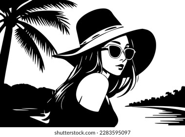 Beautiful woman in a big hat and sunglasses on the background of the river. Black and white vector illustration