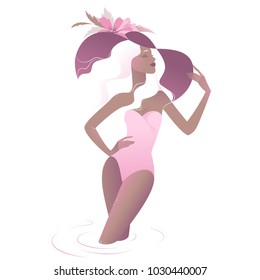 Beautiful woman in bikini and big hat. Stylised vector illustration.