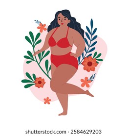 Beautiful woman bikini posing with flowers behinds. Body positive and love your body