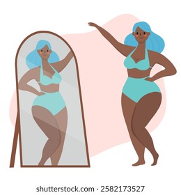 Beautiful woman bikini posing in front of the mirror. Body positive and love your body