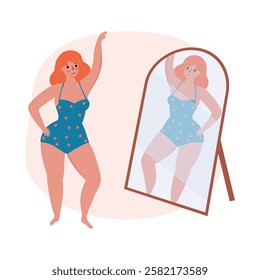 Beautiful woman bikini posing in front of the mirror. Body positive and love your body