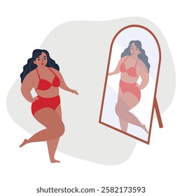 Beautiful woman bikini posing in front of the mirror. Body positive and love your body