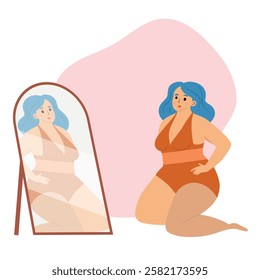 Beautiful woman bikini posing in front of the mirror. Body positive and love your body