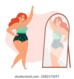 Beautiful woman bikini posing in front of the mirror. Body positive and love your body