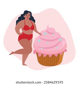 Beautiful woman bikini posing near big cake. Body positive and love your body