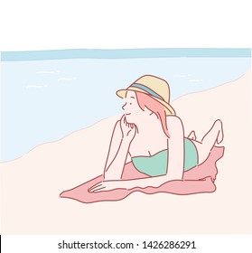 Beautiful woman in bikini sunbathing at the seaside. Hand drawn style vector design illustrations.