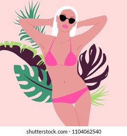 Beautiful woman in a bikini surrounded by exotic leaves. Girl wearing a swimsuit vector illustration eps 10