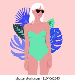 Beautiful woman in a bikini surrounded by exotic leaves. Girl wearing a swimsuit vector illustration eps 10