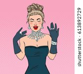 Beautiful Woman in Black Dress with Diamond Jewelry. Pop Art Vector illustration