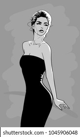 Beautiful woman in black dress with mysteriously looks. Vector. Cartoon style. Illustration.