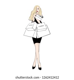 Beautiful Woman in black dress with shopping bags. Young beautiful fashion shopper girl for sale advertising. Happy Woman or girl shopping. Stock Hand drawing sketch, Vector illustration