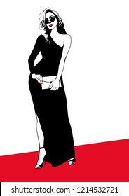 Beautiful Woman In Black Dress Wearing Sunglasses. Small Clutch In Her Hands. On Red Carpet. Vector Illustration. Eps 10.