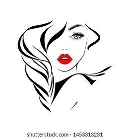 Beautiful woman with black hair, red lipstick, black abstract dress. Print wallpaper background. Beauty Logo. Vector illustration.