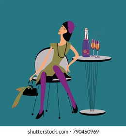 Beautiful woman with black handbag and beads sitting on the chair with champagne bottle with two glasses on the table. Vector illustration on blue background