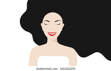 Beautiful woman with black long hair background isolated vector illustration. Woman design background