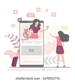 Beautiful woman blogger talks about flights and travels. Travel blog page and female vlogger on smartphone screen. Consumer follower watching video content on mobile phone. Trendy vector illustration