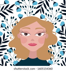 beautiful woman with blond hair and floral decoration vector illustration design