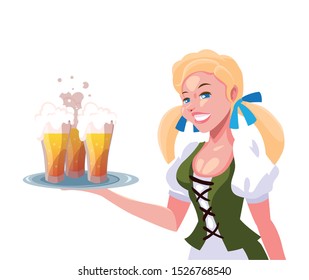beautiful woman blonde with beer glasses in hand vector illustration design