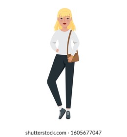 beautiful woman blonde hair with handbag avatar character vector illustration design