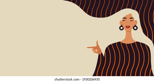 Beautiful woman with blonde hair pointing finger to the left. Modern illustration of Women's Day. 8th March. Template for cards, greetings, flyer, banner. 