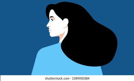 Beautiful woman in blue clothes on a blue background. Brunette. The girl is looking to the left. Vector illustration of a female face, portrait.