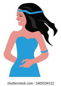 A beautiful woman in a blue sleeveless dress and matching hand ring and headband smiles while turning to her left and talking, vector, color drawing or illustration. 