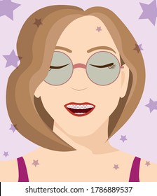 Beautiful woman with bob haircut in glasses on starry background vector illustration. Girl with braces on violet background. Dreaming girl flat vector illustration. 