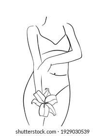Beautiful woman body with lily flower, line Art. Concept of body care. - Vector illustration