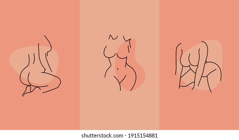 Beautiful woman body line art illustration. Minimalist female curvy figure. Abstract nude female characters.  Minimalist line women bodies set. Hand drawn art of body girls. Vector 