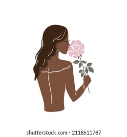 Beautiful woman in boho style with a rose stands with her back. Stock vector illustration isolated on white background.