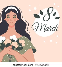 Beautiful woman with a bouquet of flowers. Postcard for women's day. Vector illustration in flat style