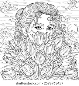 Beautiful woman with a bouquet of tulips.Coloring book antistress for children and adults. Illustration isolated on white background. Hand draw