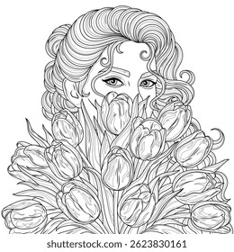 Beautiful woman with a bouquet of tulips.Coloring book antistress for children and adults. Illustration isolated on white background. Hand draw
