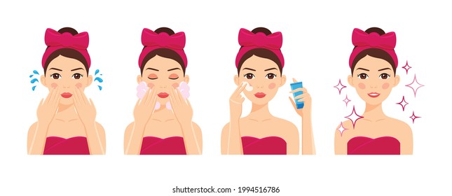 Beautiful woman with Bow, Head Band, Apply Soap Foam on Face. Girl in Towel Use Cream, Washes her face. Healthy and Clean Skin. Beauty Treatment. Flat cartoon color style. White background. Vector.