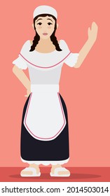 Beautiful woman with braids wearing traditional garment in paisa culture: white long-sleeve blouse, apron, flowing skirt, bandana and sandals saluting at you. Flat design.