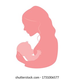 Beautiful woman breastfeeding newborn baby silhouette vector illustration