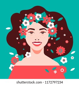 Beautiful woman - bright brunette girl smiling, beautiful hair decorated with flowers. Happy woman, flowers, leaves. Female portrait, avatar, head and shoulders. Modern vector illustration