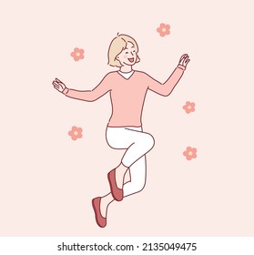 Hermosa mujer con traje brillante saltando y divirtiéndose en el fondo rosado. Ilustraciones de diseño vectorial de estilo dibujado a mano.