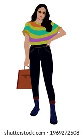 Beautiful woman brunette hair wear fashion clothes business style for office lady skinny wool dress trend accessory bag casual glamor natural makeup pretty face. Vector illustration in cartoon style.