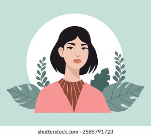 Beautiful Woman Brunette with hairstyle. Female Modern Portrait with leaves. Vector illustration in flat style. Holiday Character for Women's Day, Mother's Day and Birthday Greeting Card Design