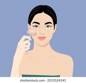 Mulher bonita morena tendo rejuvenescimento derma roller terapia. Modelo de design de infográficos vetoriais. Conceito para procedimentos médicos antienvelhecimento não cirúrgicos, cosmetologia e beleza