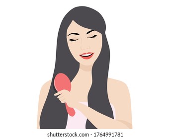 Beautiful woman brushing her black long hair isolated vector illustration. Hair care beauty concept background