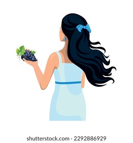 Beautiful woman with a bunch of grapes. View from the back. Grape harvest and winemaking. Vector illustration isolated on white background.