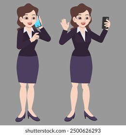 Beautiful woman in business suit holding the smartphone and talking to mobile phone 