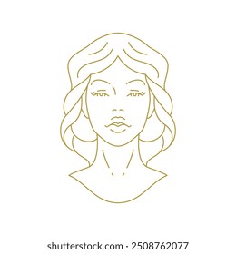 Linda mulher busto retrato elegante mínima silhueta dourada ícone ilustração vetor. Moda jovem feminino rosto modelo com penteado insígnia logotipo de arte para corte de cabelo elegante beleza salão de beleza maquiagem