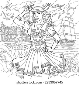 Beautiful woman by the sea, sailing ship and flying seagulls. Adult coloring book page in mandala style