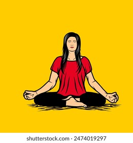 beautiful woman calms down with lotus movement yoga vector illustration